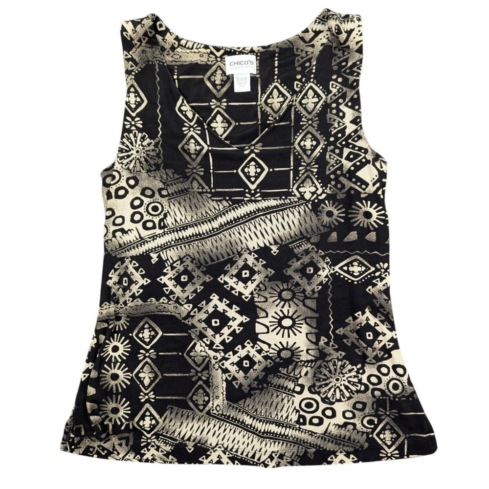 Chicos Travelers Tank Top Size 2 L Black Tan Geometric Tribal Print V-Neck Boho